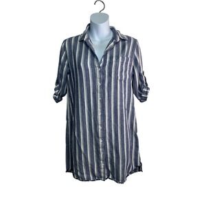 Cloth & Stone Striped Button Down Shirt Dress Roll Sleeves Frayed Hem Women's SM